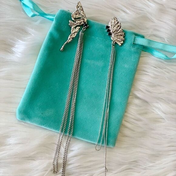 New 925 Silver Post  Asymmetric Butterfly Wing Long Tassel Earrings - Picture 4 of 13